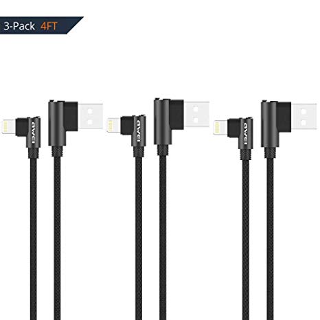 3 Pack Right Angle Fast Charging Cable Nylon Braided USB Data Cord 90 Degree Elbow Charging Cord for Long Lasting Game Video Watching for Apple Devices,Black