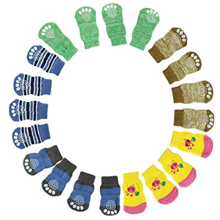 Malloom Random Color 4Pcs Cute Puppy Dogs Pet Knit Socks Anti Slip Bottom Sock