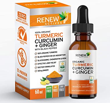 Renew Actives Turmeric Liquid Extract with Ginger & Lemon Oil - 100% Organic Pure Vegan Supplement, GMO Free, Best Absorption & Potency for Joint Pain, Inflammation & Antioxidant Support