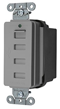 Bryant Electric USBB4GY Charger 4 Port Outlet, Four USB Type 2.0 Ports, 5-Amp, 5-volt DC, Decorator Style, Gray