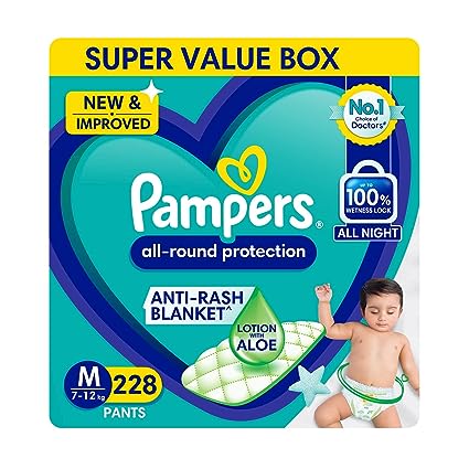 Pampers All round Protection Pants, Medium size baby Diapers, (M) 228 Count Lotion with Aloe Vera