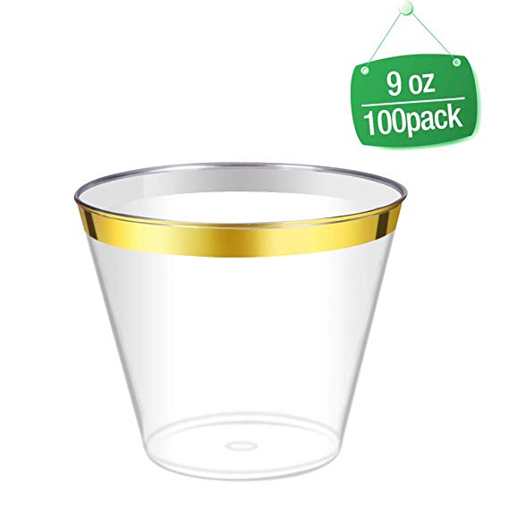 100 Count 9oz Disposable Clear Cup-Gold Trim Cup/Old Fashioned Tumblers/Plastic Wedding Cups/Fancy Party Cups