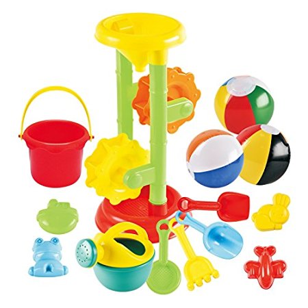 Joyin Toy Sand Beach Toys Set with 1 Double Sand Wheel, 4 Kinetic Sand Molds, 3 12-inch Beach Balls, Bucket, Shovel and Rake