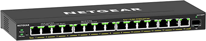 NETGEAR 16-Port PoE Gigabit Ethernet Plus Switch (GS316EPP) - Managed, with 15 x PoE  @ 231W, 1 x 1G SFP Port, Desktop or Wall Mount