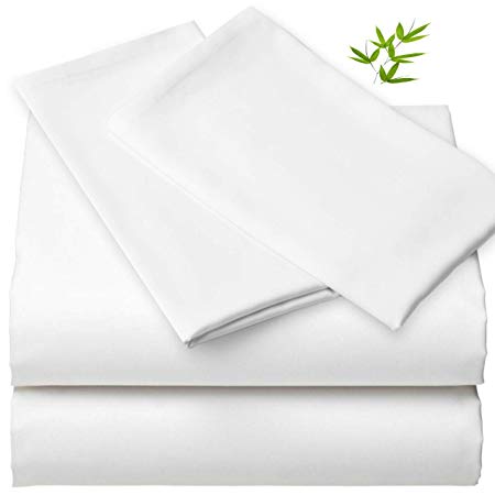 Lyocell Organic Bamboo Sheet Set - 300-Thread-Count, Luxury Sheets Sateen Weave 4pc Set, White, Queen, 1 Fitted Sheet Deep Pocket, 1 Flat, 2 Zippered Pillowcases, Cooling Soft Bamboo Bed Sheets