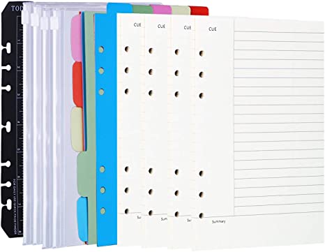 Antner 4 Pack A5 Refill Paper and 4pcs Binder Pockets, 2 Pack Index Tabs and Bookmark Ruler Kit, 6-Hole Refillable Lined Paper for 6-Ring Binder Notebooks