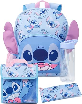 Disney Lilo and Stitch Girls Backpack | Kids Alien Character Merchandise 3D Ears School Rucksack Pencil Case and Water Bottle | Back to School Bag Gifts, Blue, One Size, Rucksack Backpacks