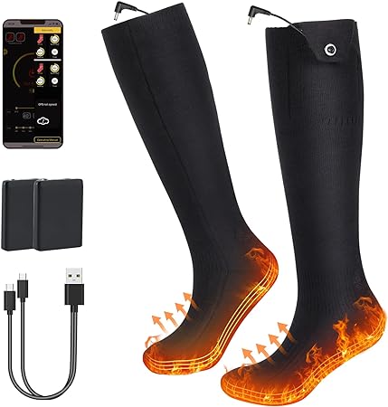 FirstE Heated Socks for Men Women w/APP Control, Rechargeable 5000mAh Battery Heated Socks Machine Washable, 3 Heat Settings Electric Socks Foot Warmer for Camping Hiking Skiing Hunting Outdoor Work
