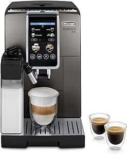 De'Longhi Dinamica Plus ECAM380.95.TB Cafetera Automática con LatteCrema Sistema de Leche, One-Touch Cappuccino, con 24 Recetas, Pantalla TFT a Color de 3.5 Pulgadas, 1450 W, Titanio/Negro