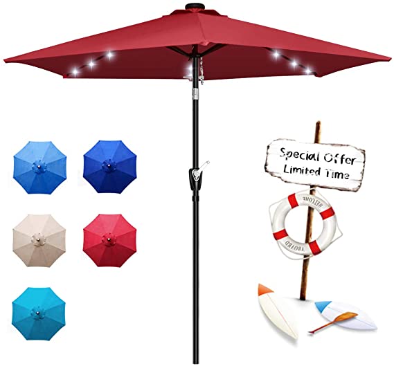 FRUITEAM Solar Patio Umbrella Outdoor LED Umbrella, 7 1/2 FT Table Umbrella with Lights Heavy Duty Patio Umbrella with Sturdy Ribs, Crank, Easy Tilt Adjustment, Coral Red