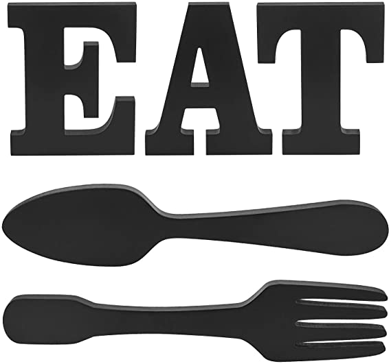 EAT Letter Sign   Fork Spoon Wall Hanging Sign,Large Wooden Letters for Kitchen Sign Dinning Room Restaurant Coffee Shop Wall Mounted Decoration (Black)