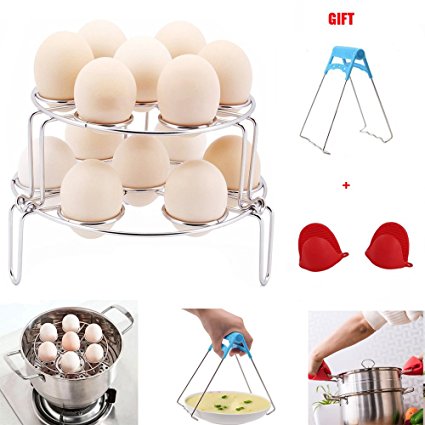 JOYORUN Stainless Steel Egg Steamer Rack Stackable 2 Pack with Steaming Stand and 1 Pair Silicone Cooking Pot Mitts for Instant Pot Accessories/Steam Rack for Pressure Cooker Accessories