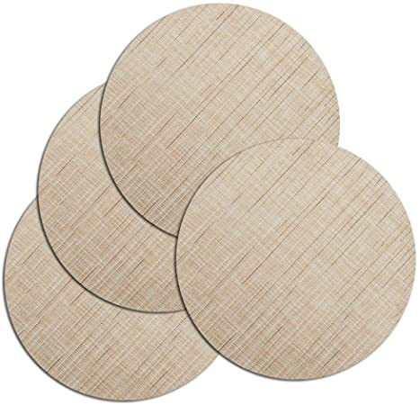 LivebyCare Set of 4 Round Stain Resistant PVC Woven Dining Table Mats Vinyl Dining Table Low Profile Dining Non-Slip Placemats Durable Textilene Home Place Mats 13.8In, Beige