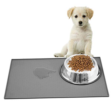 Ewolee Large Pet Feeding Mat, Food Grade Silicone Waterproof Non-Slip Pet Food Mat, Pet Feeding Tray for Dog and Cat (24" x 16" x 0.4" Gray)