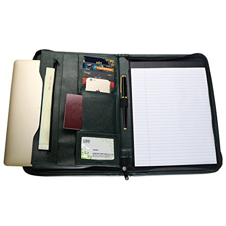 TYSON Portfolio Case Personal Organizer Travel Padfolio Zippered Closure with Writing Pad Holder, Pockets and Card Holders for Resume Document and Notebook, 10.1 Inch (Atrovirens)