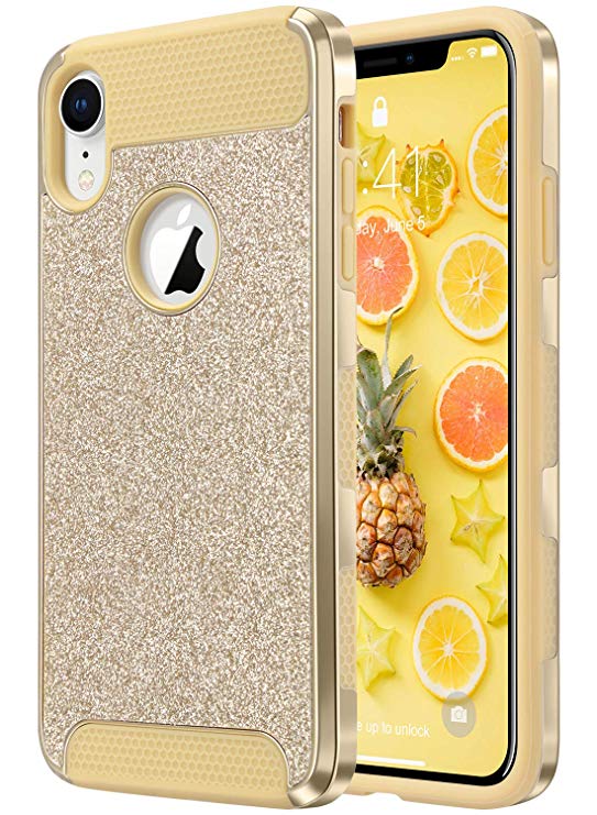 ULAK iPhone XR Case, Luxury Glitter 2 in 1 Dual Layer Slim Fit Soft TPU Hard Laminated with Sparkly Shiny Faux Leather Chrome Shockproof Protective Cover, Gold