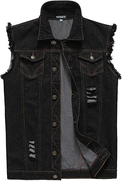 NASKY Men's Fit Retro Ripped Denim Vest Sleeveless Jean Vest and Jacket (Small, Black)