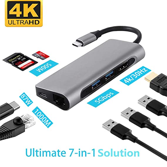 7-in-1 USB C Hub - Adapter, with One 4K USB C to HDMI, One Ethernet Port, USB-C Charging Port, SD/TF Card Reader, Two USB 3.0 Ports, Compatible for MacBook Dell ASUS HP Lenovo and More Laptops