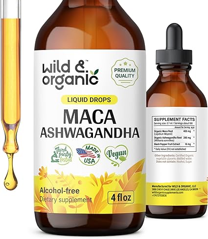 Maca Ashwagandha Drops Supplement - Organic Ashwagandha Maca Root Liquid Extract for Men & Women - Mood Support - Stress Relief - Vegan, Alcohol Free Tincture - 4 fl oz