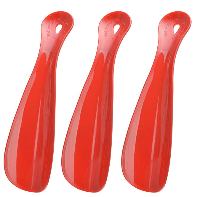 Milano Red Shoe Horns. 6-1/2 Inches long. Made In Italy Shoehorns. made of durable plastic.