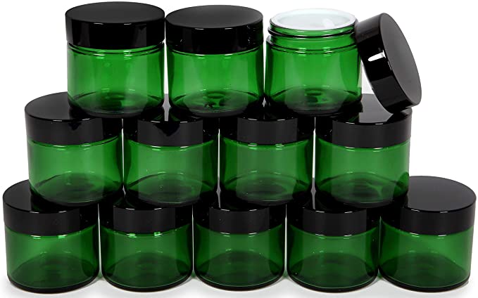 Vivaplex, 12, Green, 2 oz, Round Glass Jars, with Inner Liners and black Lids