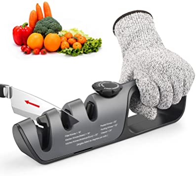 Knife Sharpener 3 In 1 Kitchen Knife Accessories and Scissor Sharpener Helps Repair Restore and Polish with Adjustable Angle Button for Various Knives, Cut-Resistant Glove Included