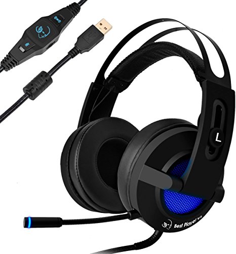7.1 Gaming Headset, collee Vibration Surround Sound Stereo Over-Ear USB Headphone with Volume Control & Mic & LED Light for PC/ Mac/ Laptop/ PS3 PS4/ XBOX 360 (Black)
