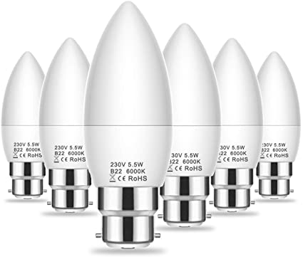 LOHAS B22 LED Candle Light Bulb, 5.5W Equivalent to 60W Incandescent Bulb, Day White 6000K, Non Dimmable, 180 Degree Beam Angle, 500LM, 6 Pack