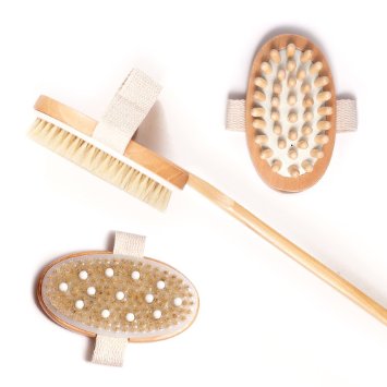 Natural Body Brush and 3 Detachable Heads Cellulite Massager and Brush with Rubber Nubs