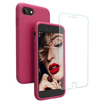 iPhone 8 Case, iPhone 7 Case, JASBON Liquid Silicone Phone Case with Free Screen Protector Gel Rubber Shockproof Cover Full Protective Case for iPhone 8, iPhone 7-Rose Red