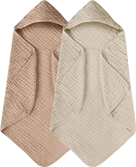 Yoofoss Baby Bath Towel 2 Pack 100% Muslin Cotton Hooded Towels for Babies, Infant and Toddler, Large 32x32Inch, Extra Soft and Absorbent Newborn Essential (Beige and Brown)