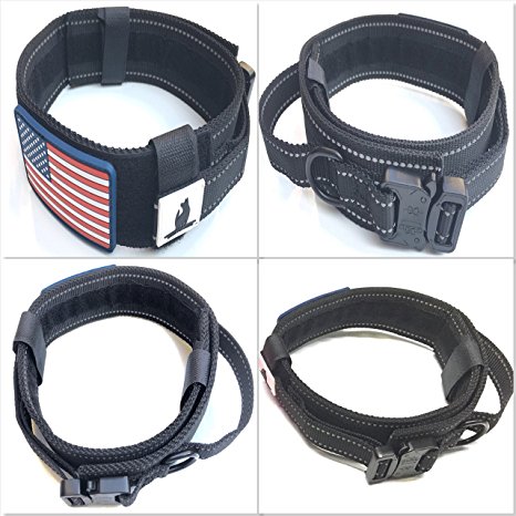DOG COLLAR WITH CONTROL HANDLE QUICK RELEASE METAL COBRA BUCKLE HEAVY DUTY MILITARY STYLE 2" WIDTH NYLON WITH USA FLAG GREAT FOR HANDLING AND TRAINING LARGE CANINE MALE OR FEMALE K9
