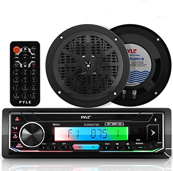 Pyle Bluetooth Marine Receiver Stereo & Speaker Kit 300W Single DIN Boat Marine Head Unit l LCD, Mic, Hands-Free Calling, AUX, MP3/USB/SD, AM/FM Radio, Remote - PLMRK47BK (Black)