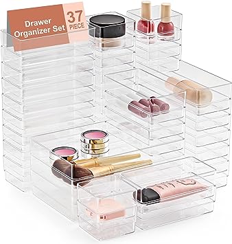 SMARTAKE 37-Piece Drawer Organizer with Non-Slip Silicone Pads, 4-Size Desk Drawer Organizer Trays Storage Tray for Makeup, Jewelries, Utensils in Bedroom Dresser, Office and Kitchen (Clear)