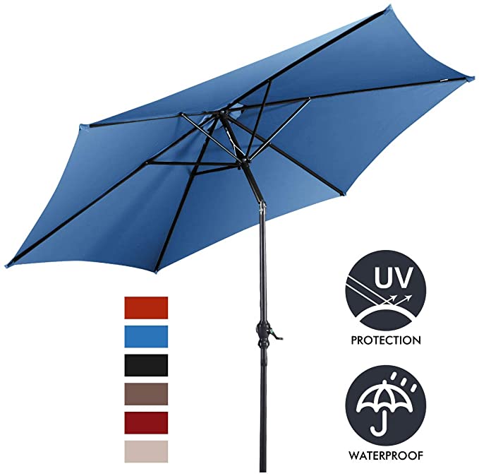 COSTWAY 3M Garden Parasol Umbrella with Winding Crank and Tilt Function, Outdoor Patio Beach Sun Shade (Blue)