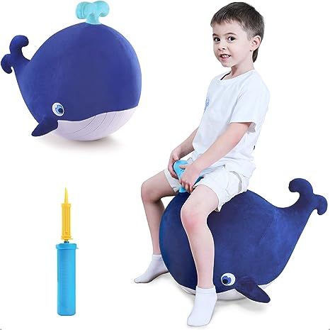 iPlay, iLearn Bouncy Pals Kids Whale Hopper Ball, Ride on Hopping Toy, Inflatable Plush Bouncing Animal W/Pump, Indoor Outdoor Riding Jumping Gift for 18 Month 2 3 4 5 Year Old Toddler Boy Girl Child