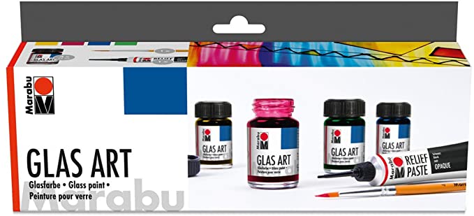 Marabu Glas Art Paint Assortment - Carmine Red, Light Green, Yellow, Dark Ultramarine, Black Relief Paste and Brush