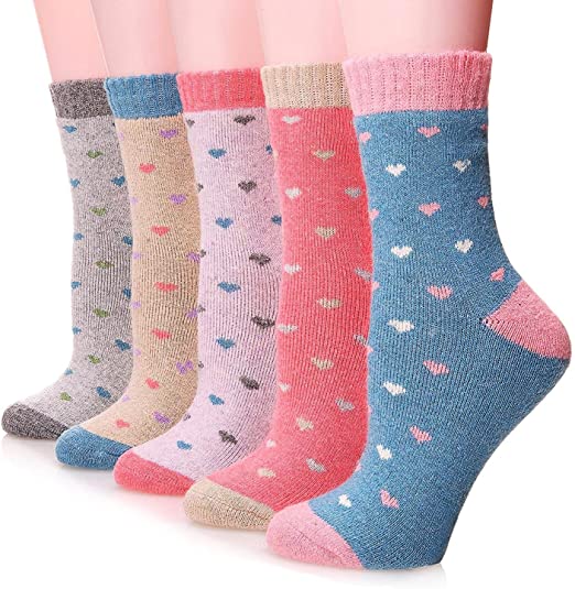 Womens Wool Socks Thick Heavy Thermal Winter Warm Fuzzy Cute Crew Socks For Cold Weather 5 Pack