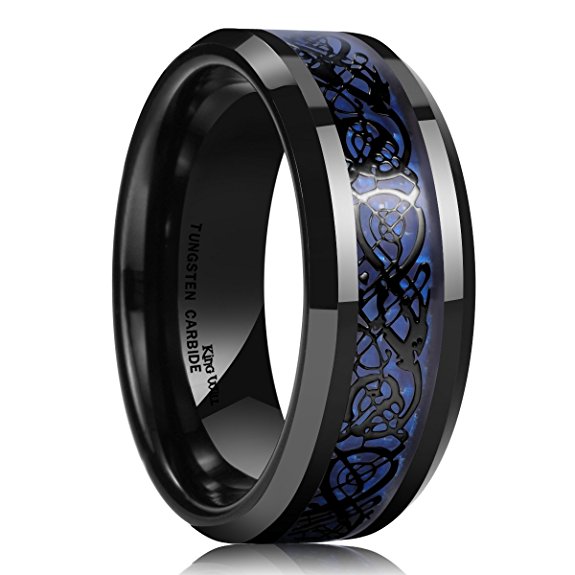 King Will DRAGON Men's 8mm Blue Carbon Fiber Black Celtic Dragon Tungsten Carbide Ring Wedding Band