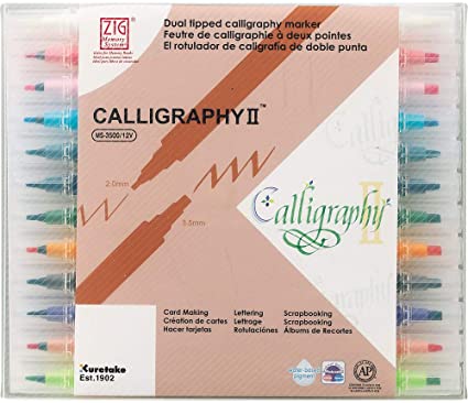 Kuretake Zig Calligraphy 2 Dual Tip Markers 12 Colors Set, 2mm, 3.5mm, Square Tips, AP-Certified, No Mess, Photo-Safe, Acid Free, Lightfast, Odourless, Xylene Freeing, for Beginners, Made in Japan