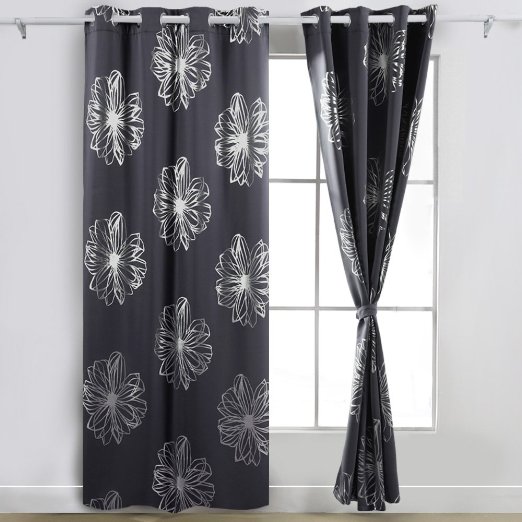 Deconovo Fashion Dark Grey Flower Foil Printed Bedroom Blackout Grommet Curtain 52"W x 95"L - 1 Pair