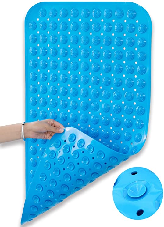 Huryfox Non-Slip Bath Mat for Tub and Shower, Baby Bathtub mats Anti-Skid Bathroom Accessories Pad with Suction Cups and Drain Holes for Kids （Blue,15.7’’x31.5’’）