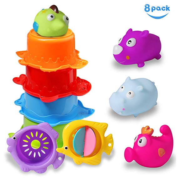 HOMOFY Baby Bath Toys Baby Toys with Stacking Cups and 4 Bathtub Fun Toys,Pink,Green,Purple,Light Blue Sea Animals.Enhance Baby's Thinking Ability and Flexible Finger Best Gift (Color-2)