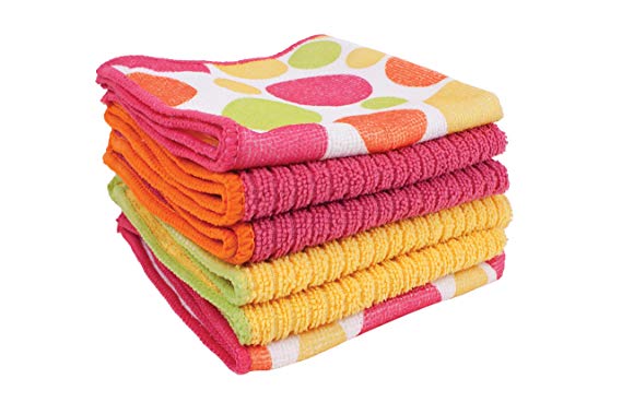 Ritz Microfiber 12 by 12-Inch 2 Polka Dot and 4 Solid Kitchen Dish Towels, Pink/Yellow/Orange/Green, 6-Pack