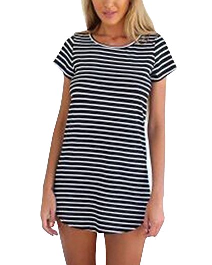 ZANZEA Women Cotton Striped Round Neck Short Sleeve Tee Shirts Mini Dress