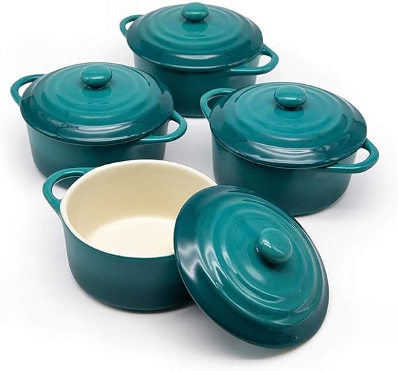 Kook Ceramic Mini Cocotte Set, Small Casserole Dishes with Lids and Handles, Individual Baking Ramekins, Oven, Microwave & Dishwasher Safe, Stoneware, 12 oz, Set of 4