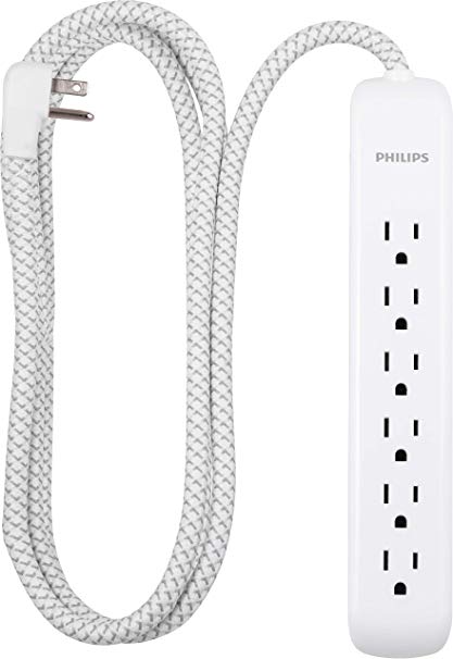 Philips 6 Outlet Power Strip Surge Protector, 6 Ft Power Cord, Designer Braided Extension Cord, Flat Plug, Perfect for Office or Home Décor, 1080 Joules, White, SPC3054WA/37