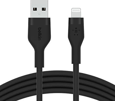 Belkin BoostCharge Flex Silicone USB Type A to Lightning Cable (1M/3.3FT), MFi Certified Charging Cable for iPhone 13, 12, 11, Pro, Max, Mini, SE, iPad and More - Black (CAA008)