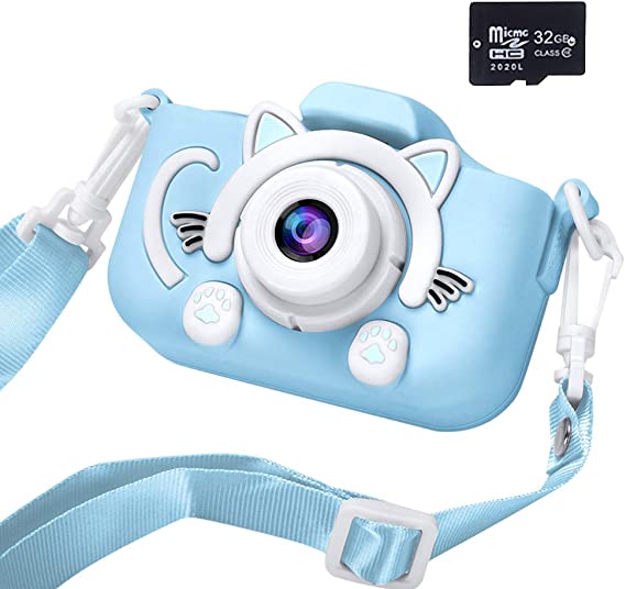 ALLCELE Kids Camera, Rechargeable Children Digital Camera, Cute Cat Shape, 32G TF Card/2 Inch IPS Screen/1080P, Electronic Kids Toy Birthday Gifts for Girls Boys Age 3-12 Years Old - Blue
