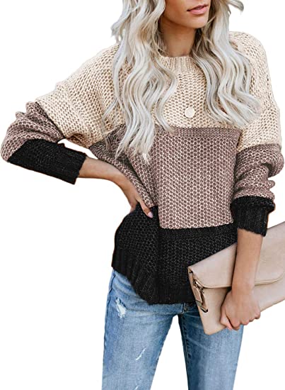 Tiksawon Womens Color Block Striped Oversized Crew Neck Sweaters Pullover Fashion Long Sleeve Loose Knitted Jumper Tops